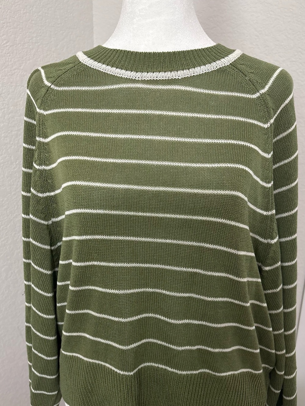 Summer Lightweight Olive Green Stripe Crewneck Sweater 3/4 Sleeve